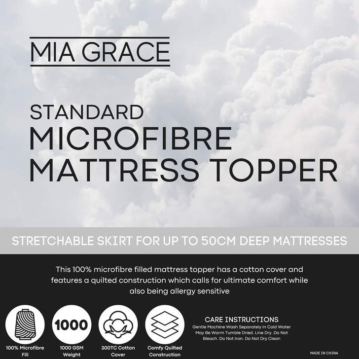 Mia Grace Standard 1000GSM Microfibre Mattress Topper King Single Bed | My Linen