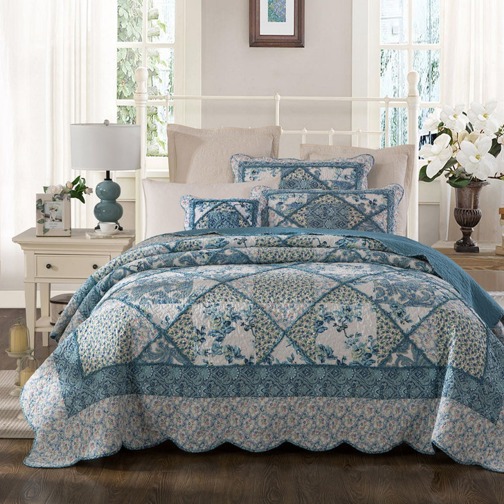 Classic Quilts Blue Bouquet King Bed Coverlet Set | My Linen