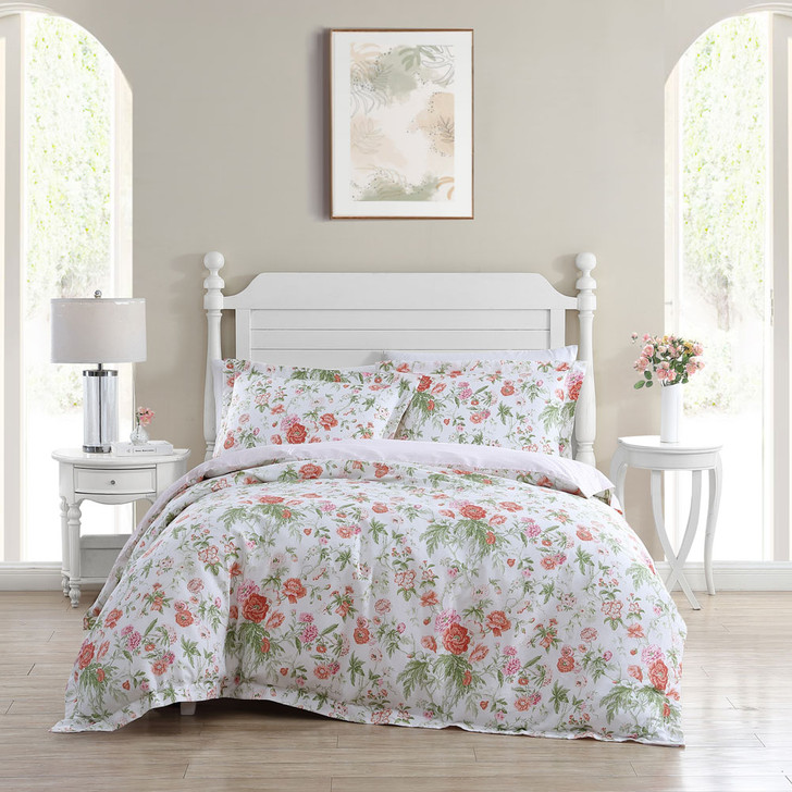 Laura Ashley Breezy Floral Coral Queen Bed Quilt Cover Set | My Linen