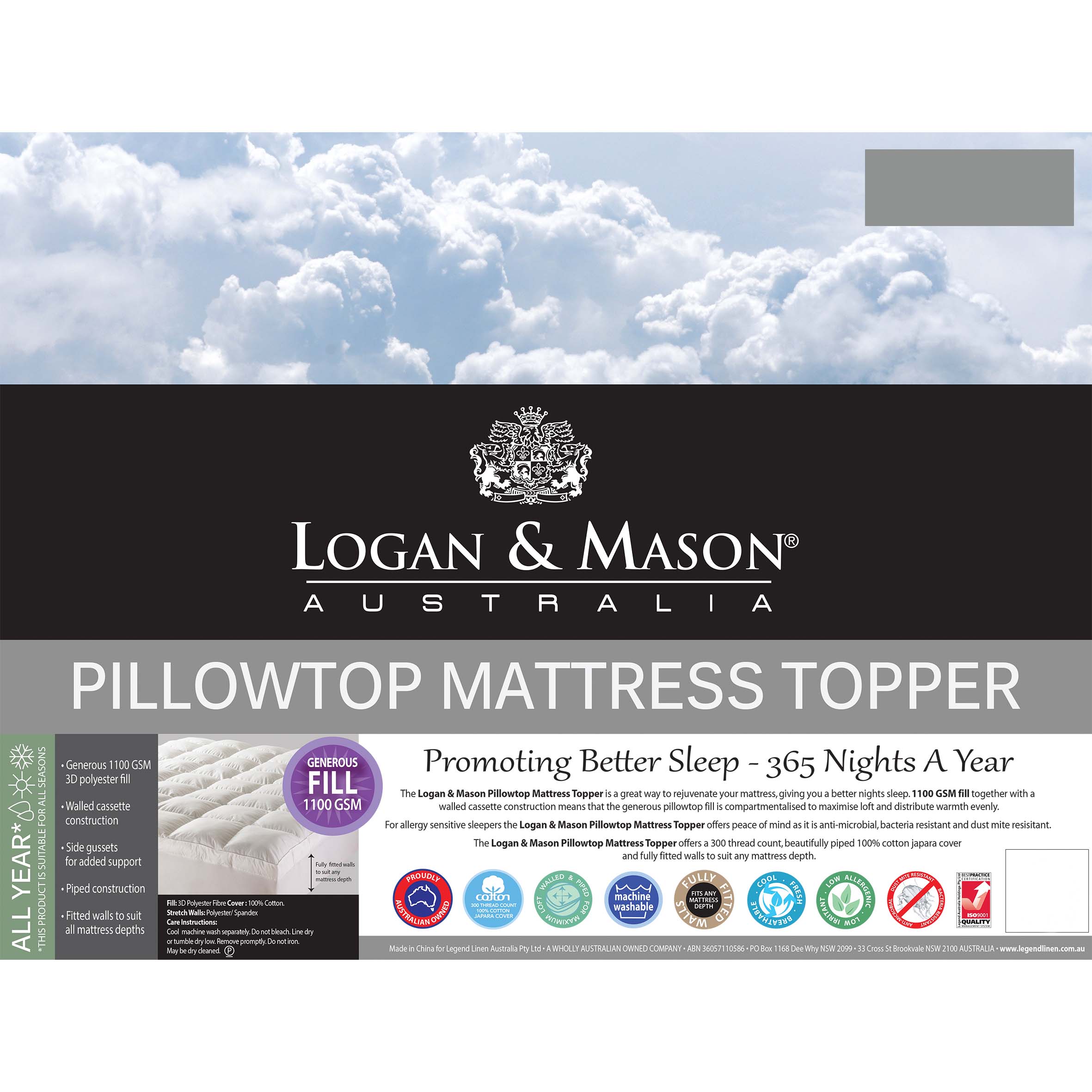 Pillowtop Mattress Topper Logan Mason King Single My Linen