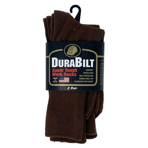 DuraBilt Super Tough Crew Work Socks, Brown, 2 Pair