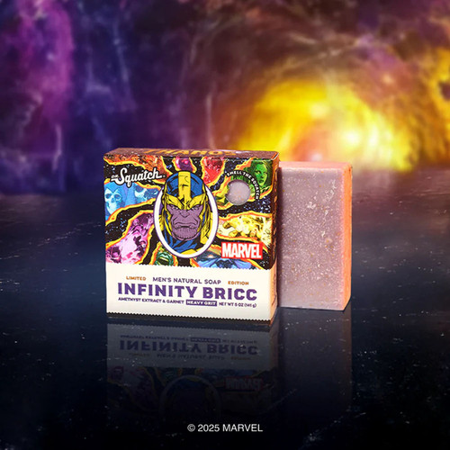 Dr. Squatch Marvel Infinity Bricc bar soap in limited edition packaging inspired by the Infinity Stones, USA made. Dr. Squatch Marvel Infinity Bricc bar soap in limited edition packaging inspired by the Infinity Stones, USA made.