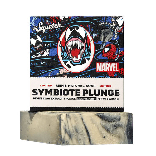 Dr. Squatch Symbiote Plunge Bar Soap in Marvel Venom-themed packaging, made in the USA with natural ingredients. Dr. Squatch Symbiote Plunge Bar Soap in Marvel Venom-themed packaging, made in the USA with natural ingredients.