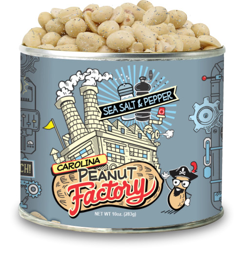 Close-up of Carolina Peanut Factory Salt & Pepper Peanuts – extra-large Virginia peanuts roasted to golden perfection and seasoned with sea salt and cracked black pepper. Close-up of Carolina Peanut Factory Salt & Pepper Peanuts – extra-large Virginia peanuts roasted to golden perfection and seasoned with sea salt and cracked black pepper.