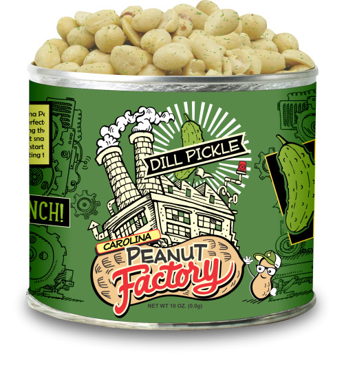 10 oz can of Carolina Peanut Factory Dill Pickle Peanuts – extra-large Virginia peanuts roasted in small batches with zesty dill and vinegar seasoning, Made in USA. 10 oz can of Carolina Peanut Factory Dill Pickle Peanuts – extra-large Virginia peanuts roasted in small batches with zesty dill and vinegar seasoning, Made in USA.
