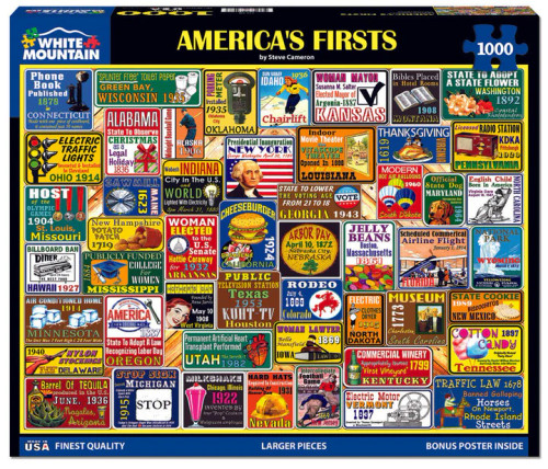 Boxed White Mountain Puzzles “America’s First” 1000-piece jigsaw puzzle showing collage packaging of U.S. historical firsts and icons.