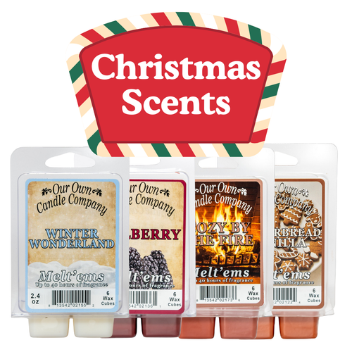 Set of six Christmas wax melts from Our Own Candle Company, including Mulberry, Gingerbread Vanilla, Cozy by the Fire, Roasted Chestnuts, Winter Wonderland, and Peppermint Twist—festive holiday scents 100% made in the USA.
