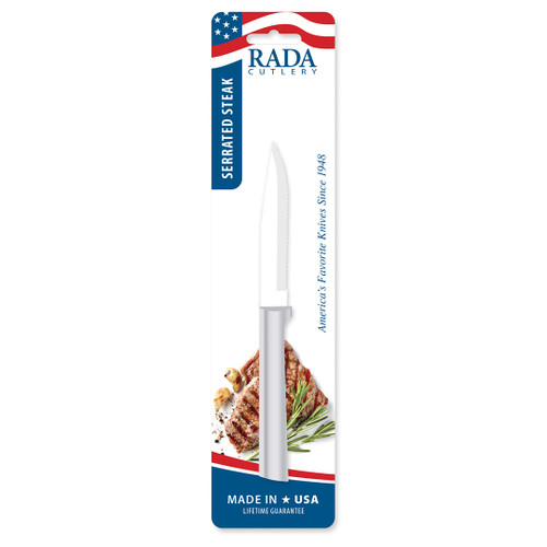 Rada Cutlery serrated steak knife with brushed aluminum handle, packaged on a branded card featuring steak and rosemary, labeled 'Made in USA' with a lifetime guarantee.