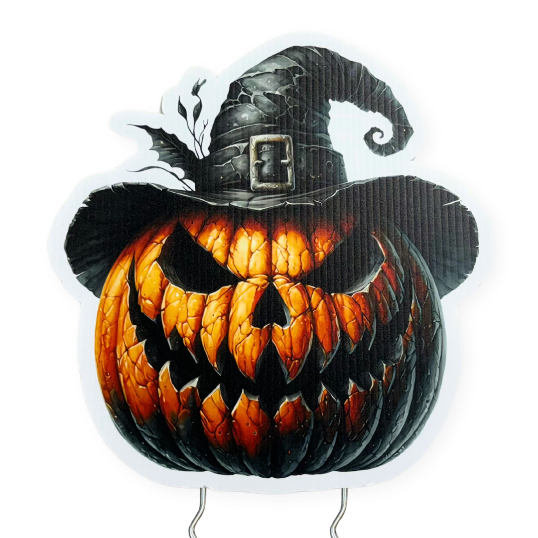 Image of Pumpkin with Black Hat Yard Stake