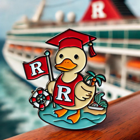 A vibrant enamel pin featuring a duck in Rutgers University colors (scarlet and white), wearing a scarlet graduation cap with an "R" emblem, holding a Rutgers pennant. The duck is on a cruise ship deck with ocean waves, palm trees, and nautical details in the background.
