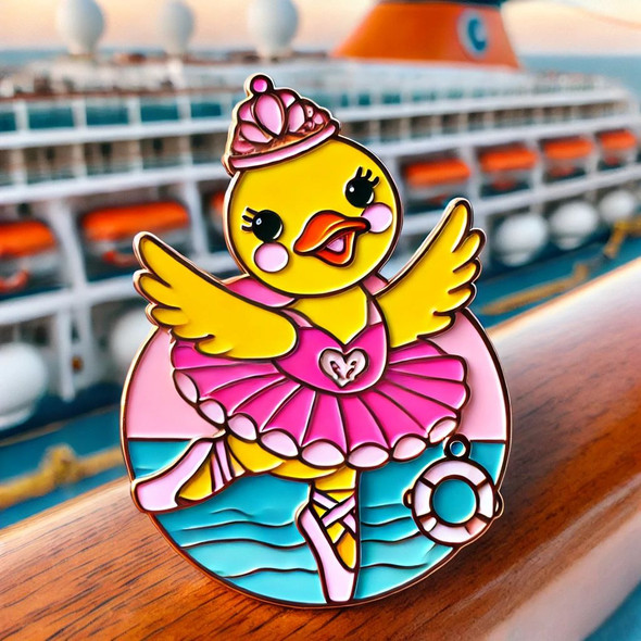 A cheerful yellow duck dressed as a ballerina in a pink tutu, ballet slippers, and a tiara, striking a pose on a cruise ship deck with ocean waves, a sunset, and nautical accents like lifebuoys and ship railings.