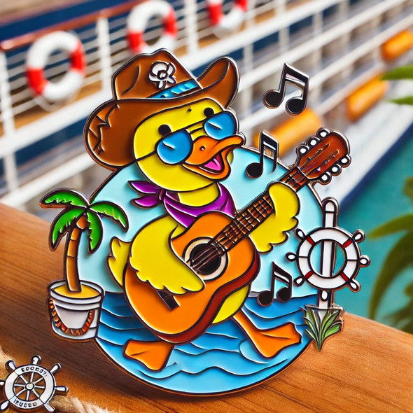 A cheerful yellow duck playing an acoustic guitar, wearing a cowboy hat and sunglasses. The background includes a cruise ship deck with ocean waves, palm trees, lifebuoys, and floating musical notes for a nautical and musical theme.