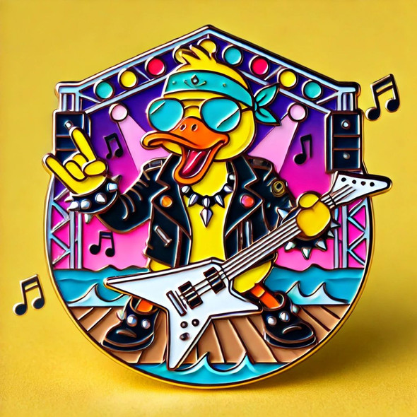 A bold yellow duck dressed in a leather jacket, sunglasses, and spiked bracelets, playing an electric guitar in a power stance. The background includes a cruise ship deck with colorful stage lights, ocean waves, and floating music notes.