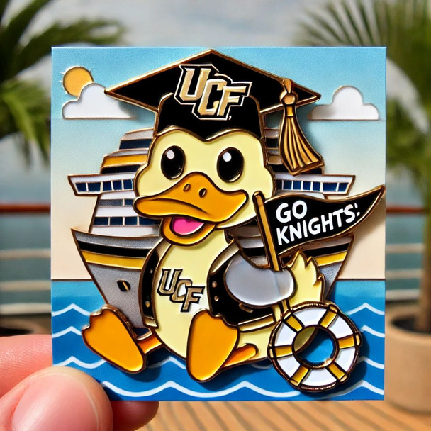 A playful enamel pin featuring a duck in UCF colors (black and gold), wearing a graduation cap with a UCF logo and holding a “Go Knights!” pennant. The background includes a cruise ship deck, ocean waves, palm trees, and lifebuoys.