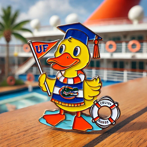 A soft enamel pin featuring a cheerful yellow duck dressed in University of Florida colors (orange and blue), wearing a graduation cap with the 'UF' logo and holding a “Go Gators!” pennant. The background includes a cruise ship deck with ocean waves, palm trees, and nautical accents.