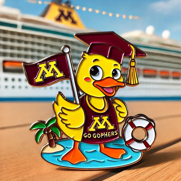 A soft enamel pin featuring a cheerful yellow duck dressed in University of Minnesota colors (maroon and gold), wearing a graduation cap with the 'M' logo, and holding a “Go Gophers!” pennant. The background includes a cruise ship deck with ocean waves, palm trees, and nautical accents.