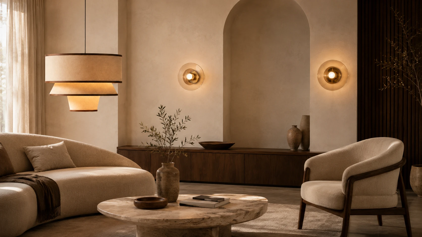 Warm beleuchtetes Wohnzimmer mit Wandleuchten und einer Pendelleuchte aus Stoff