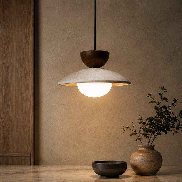 Solena Stone Pendelleuchte aus gelbem Travertin und Holz mit Opalglas, warmes Licht nach unten