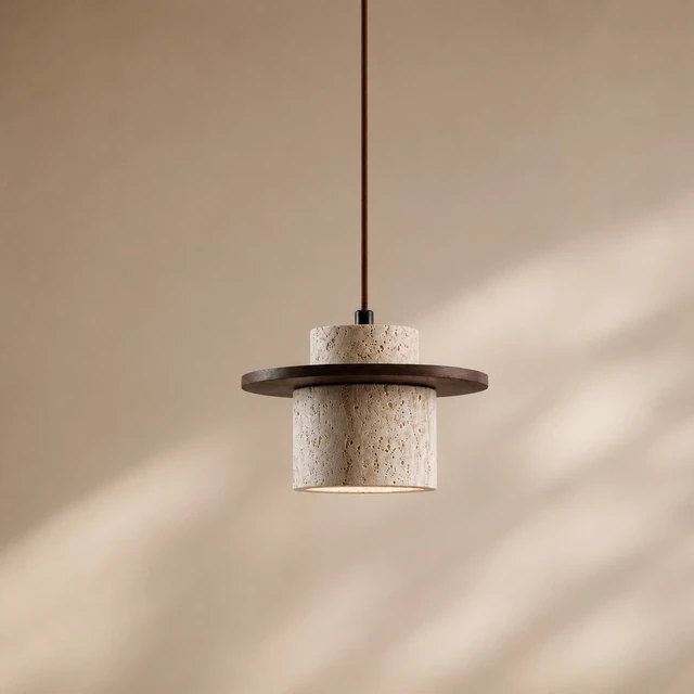 Aro Stone Pendelleuchte mit Travertinschirm und dunkler Holzscheibe
