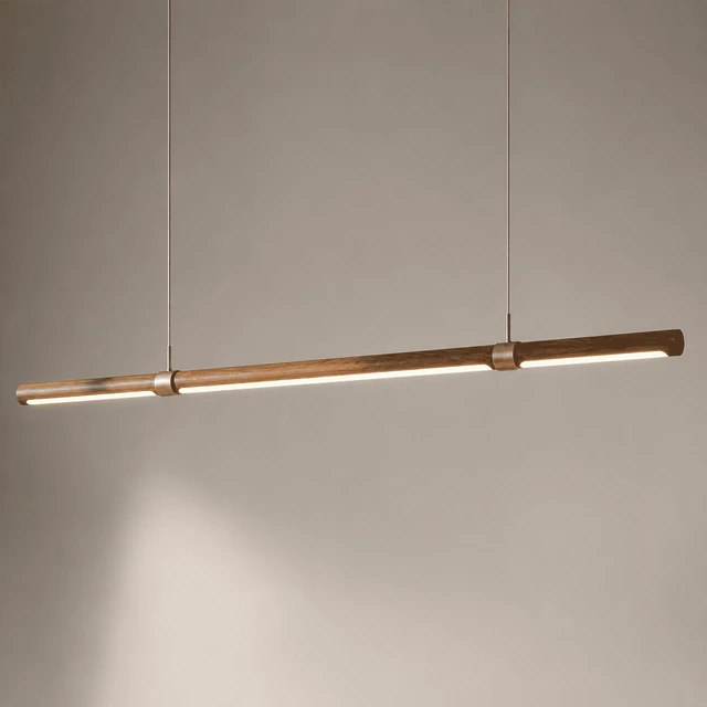 Schlanke Orlena Beam Pendelleuchte in Holzoptik mit durchgehender Lichtlinie