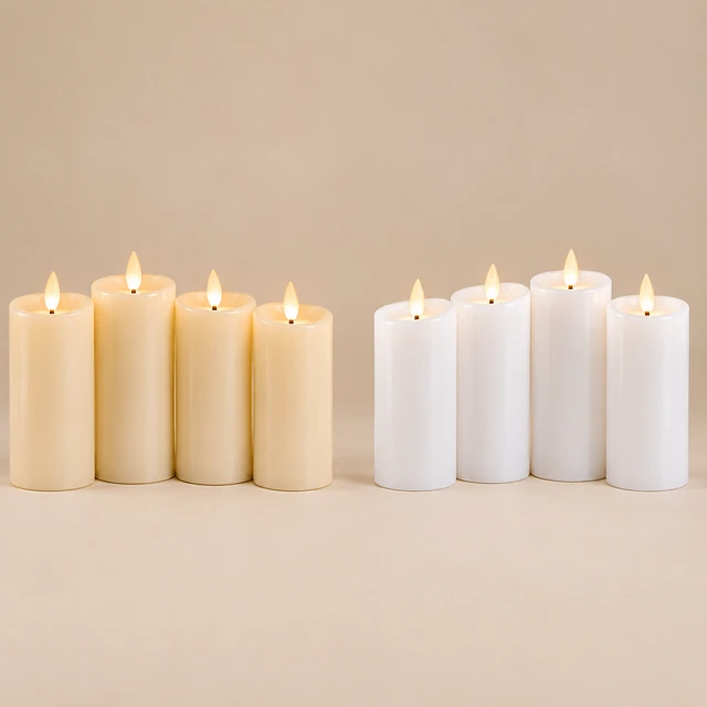 Veluna Wax LED-Kerzen aus Echtwachs in Creme und Weiß, nebeneinander aufgereiht