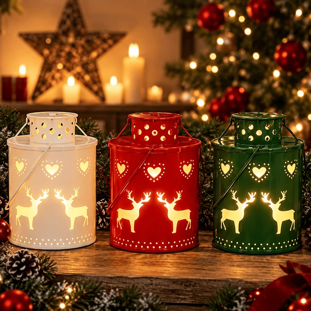 Lucera Metall-Laternen in Weiß, Rot und Grün mit leuchtenden Weihnachtsmotiven