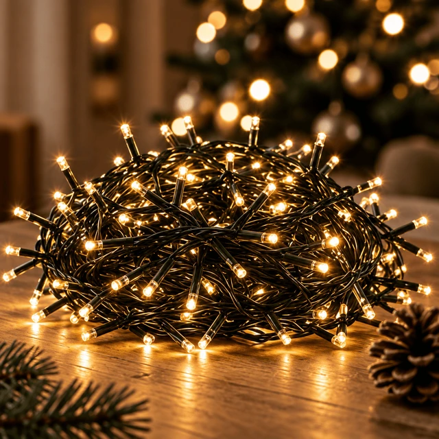Velari Cluster Lichterkette mit vielen warmweißen LEDs auf einem Holztisch, eingeschaltet