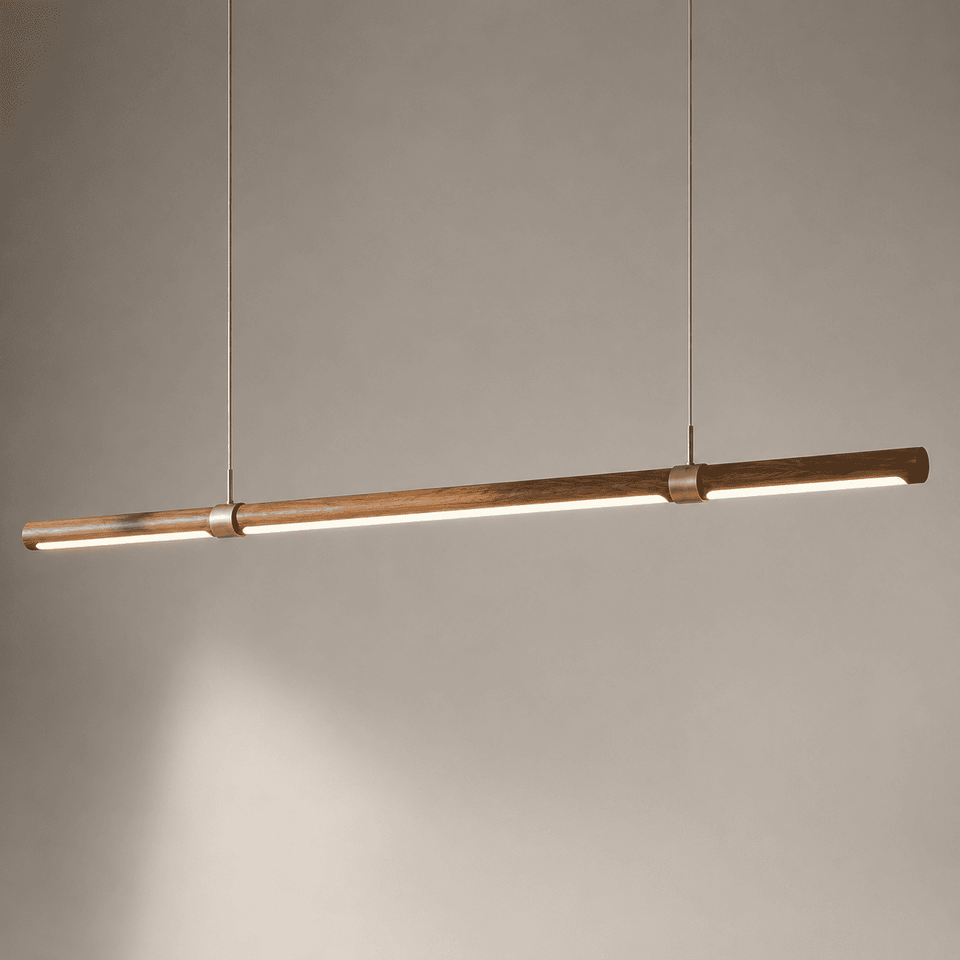 Schlanke Orlena Beam Pendelleuchte in Holzoptik mit durchgehender Lichtlinie
