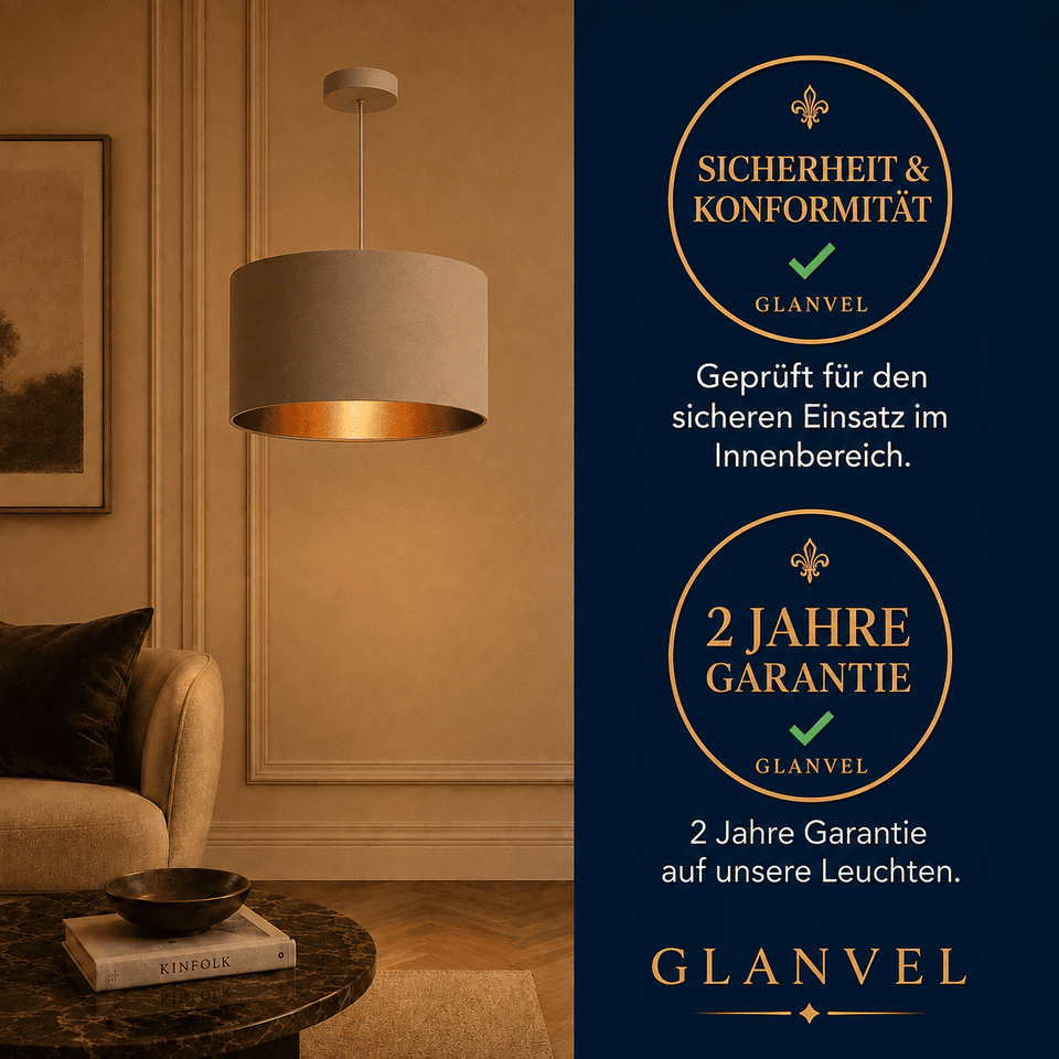 Rivaro Drum Pendelleuchte in Taupe im Wohnzimmer, mit Hinweis auf 2 Jahre Garantie