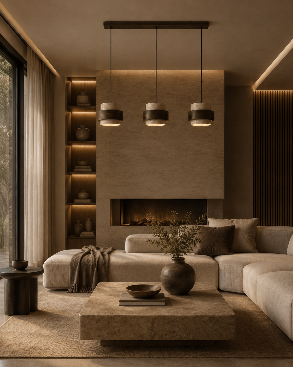 Modernes Wohnzimmer mit drei Pendelleuchten