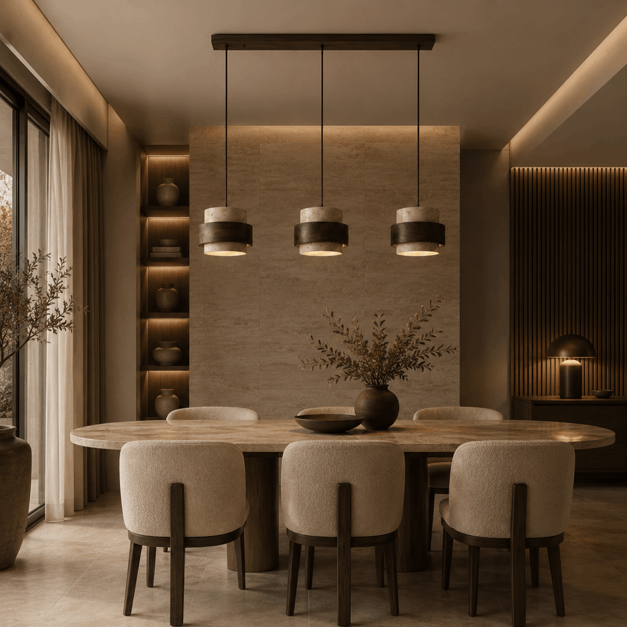 Valen Stone Pendelleuchte mit Naturstein und Holzdetail