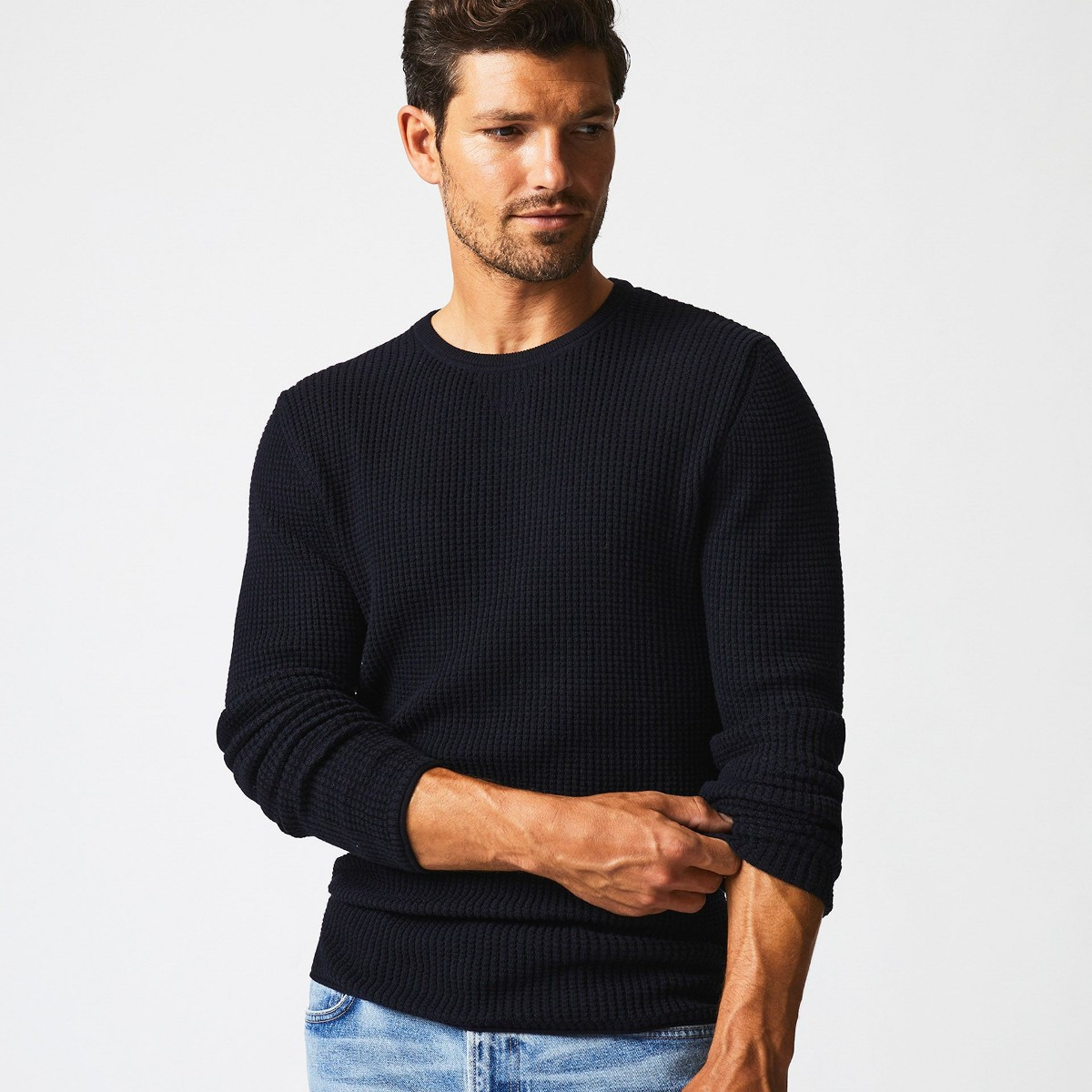Cotton-Cashmere Mini Waffle Crew in Midnight