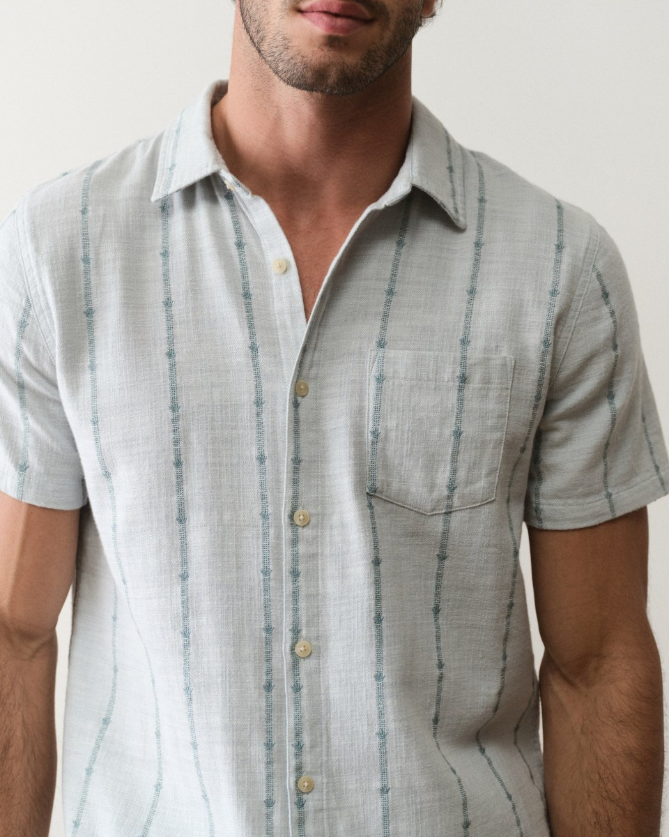 Short Sleeve Stretch Selvage Shirt in Blue Embroidery