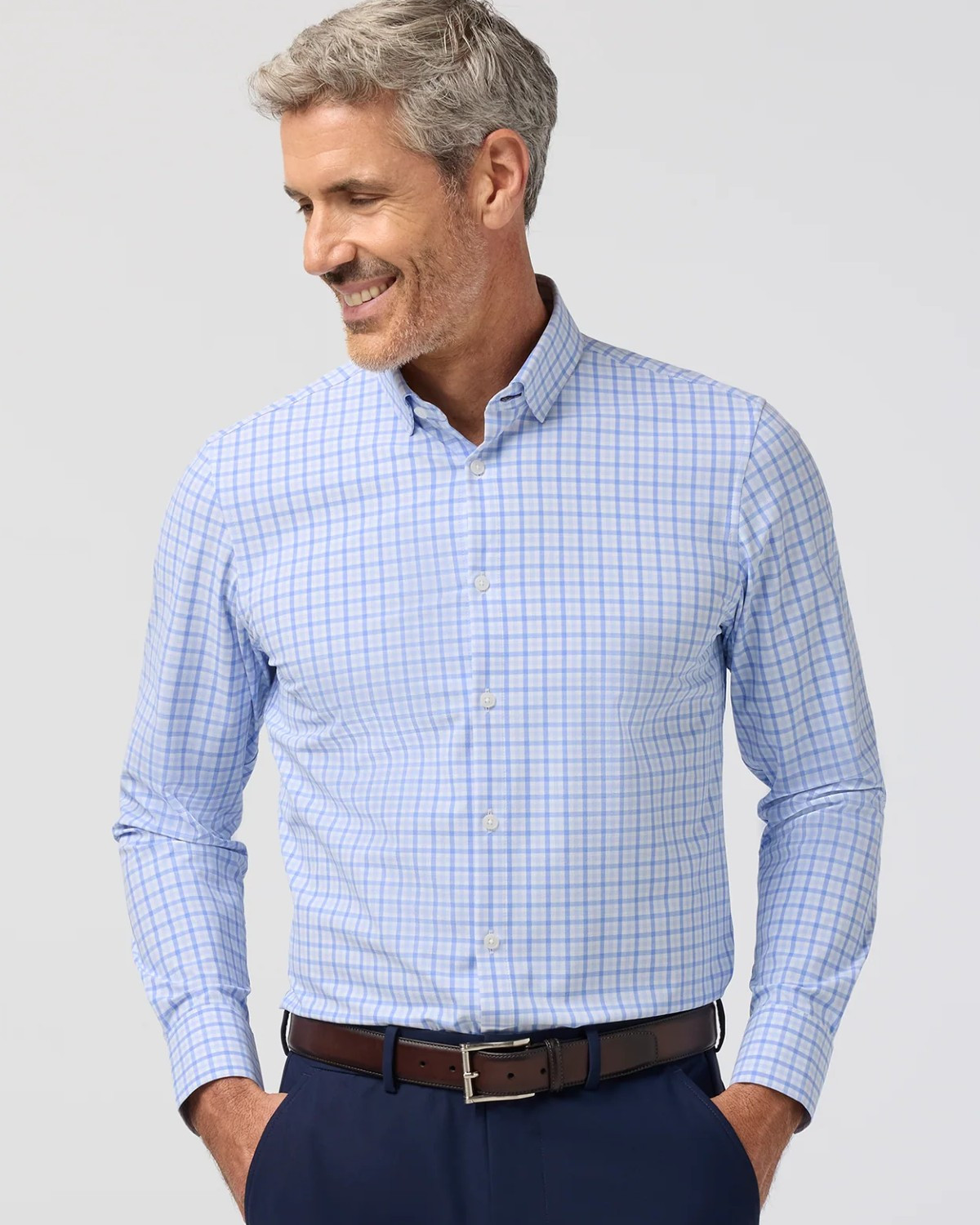 Leeward Performance Dress Shirt in Skyline Blue Miles Plaid