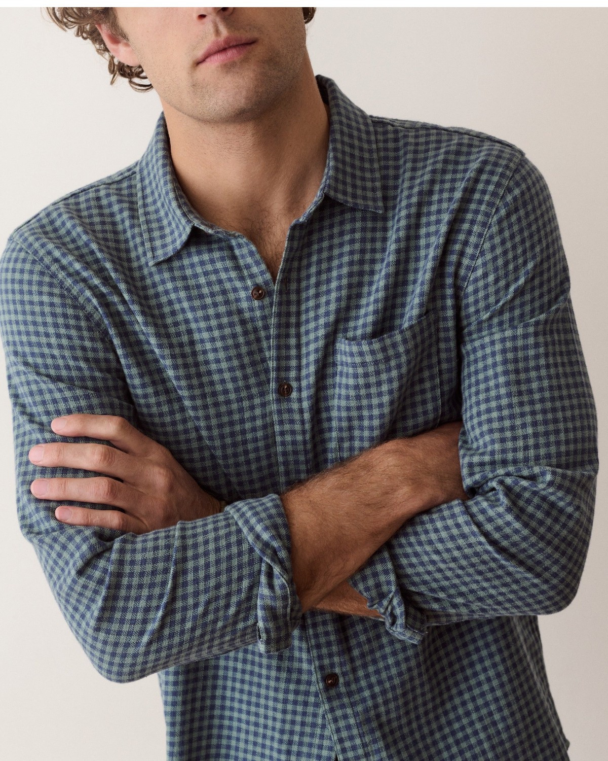 Stretch Selvage Long Sleeve Shirt in Green/Navy Gingham