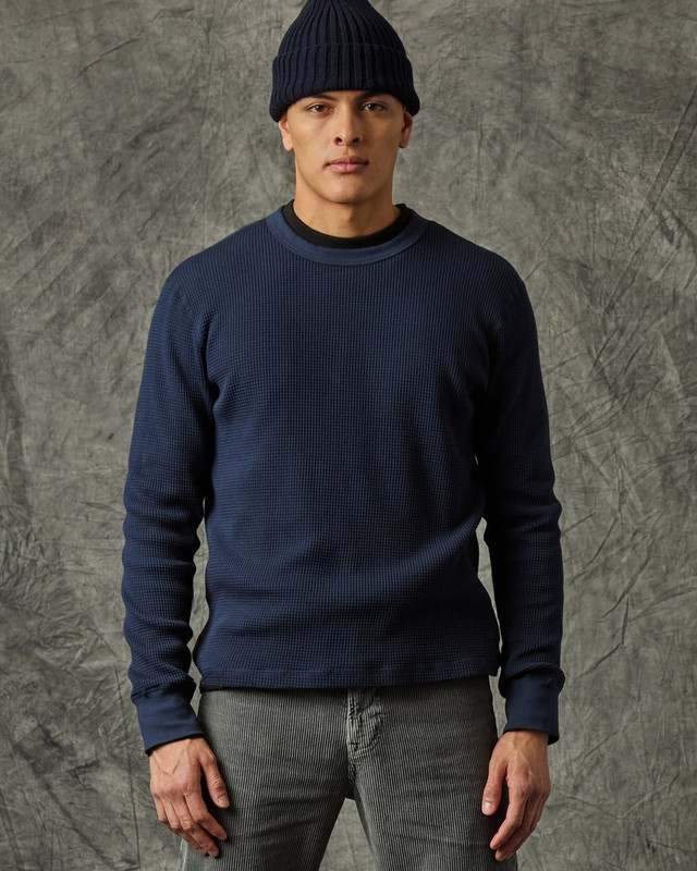 Long Sleeve Waffle Thermal Crew in Navy