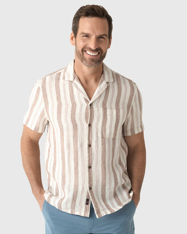 Palma Linen Camp Shirt in Island Brown Stripe