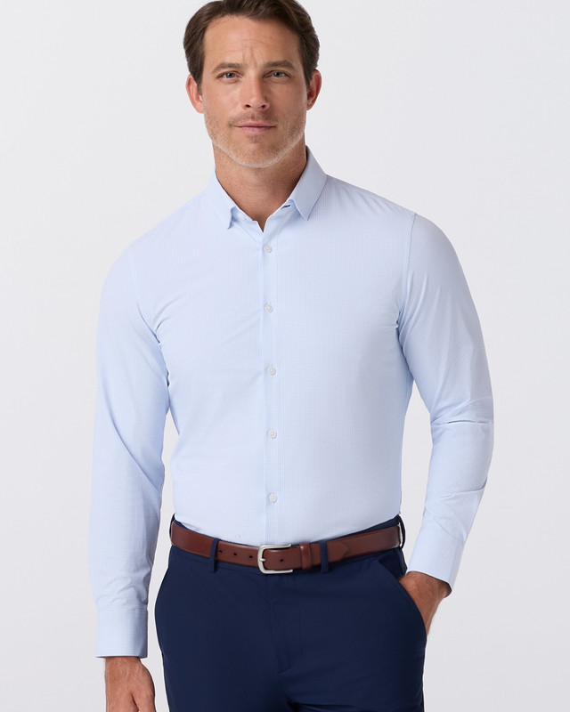 Leeward Performance Dress Shirt in Cloud Blue Finn Check