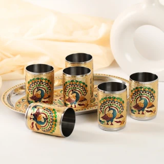 PEACOCK EMBOSSED TRAY-1 WITH 6 TUMBLER
