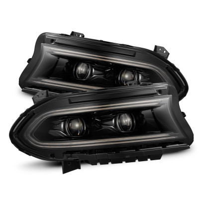 Front view of AlphaRex NOVA-Series LED Projector Headlights with Alpha Black housing and clear lens for 2015-2023 Dodge Charger.
