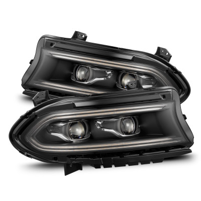 Front view of AlphaRex LUXX-Series LED Projector Headlights with black housing and clear lens designed for 2015–2023 Dodge Charger.