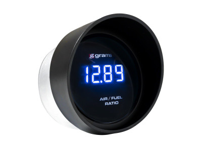 Grams Performance wideband gauge, Digital AFR meter, Bosch LSU 4.9 sensor, 52mm gauge housing, LED display air fuel ratio, 3-color sweep gauge, Dodge Charger tuning tool, Universal wideband gauge, E85 compatible AFR gauge, G2-99-0055 product shot, High-precision engine tuning, Mopar performance gauge, Standalone ECU integration, HEMI tuning accessory