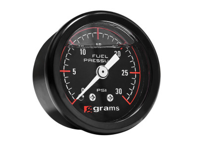 Grams Performance 0-30 PSI gauge, Low-pressure fuel meter, Black face fuel gauge, Glycerin-filled pressure gauge, 38.1mm fuel pressure dial, Matte black stainless steel gauge, Carbureted engine fuel gauge, Universal 1/8" NPT fitting, Shatterproof polycarbonate lens gauge, G2-99-0030 product shot, High-vibration resistant fuel gauge, Aftermarket fuel system accessory Grams Performance 0-30 PSI gauge, Low-pressure fuel meter, Black face fuel gauge, Glycerin-filled pressure gauge, 38.1mm fuel pressure dial, Matte black stainless steel gauge, Carbureted engine fuel gauge, Universal 1/8" NPT fitting, Shatterproof polycarbonate lens gauge, G2-99-0030 product shot, High-vibration resistant fuel gauge, Aftermarket fuel system accessory