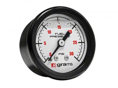 Grams Performance 0-30 PSI gauge, Low-pressure fuel meter, Black face fuel gauge, Glycerin-filled pressure gauge, 38.1mm fuel pressure dial, Matte black stainless steel gauge, Carbureted engine fuel gauge, Universal 1/8" NPT fitting, Shatterproof polycarbonate lens gauge, G2-99-0030 product shot, High-vibration resistant fuel gauge, Aftermarket fuel system accessory