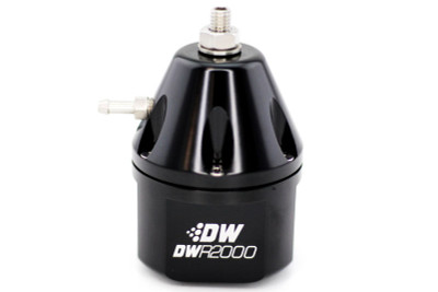 DeatschWerks DWR2000 adjustable fuel pressure regulator, Black anodized AFPR, High-flow fuel regulator, E85 compatible FPR, -10AN inlet ports, -8AN outlet port, 2000HP capable fuel regulator, Ball-bearing adjustment mechanism, 45mm diaphragm regulator, Universal fuel pressure regulator, 6-2000-FRB product shot, Performance fuel system component