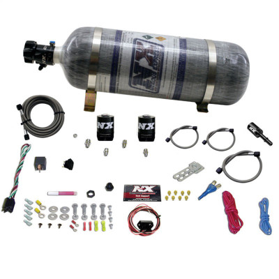 Nitrous Express single nozzle system, Dodge HEMI nitrous kit, Fly-by-wire nitrous system, 52 lb carbon fiber bottle, Lightning Series solenoids, Shark nozzle nitrous, 35-150 HP nitrous boost, Mopar performance upgrade, 20918-12 product shot, EFI nitrous system, Charger nitrous installation, Challenger performance mod