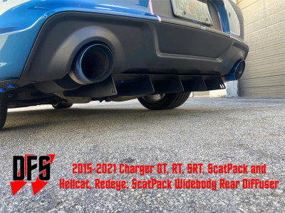 Rear view of a Dodge Charger with Downforce Solutions powder-coated aluminum rear diffuser installed, highlighting aggressive fins and race-inspired styling. Rear view of a Dodge Charger with Downforce Solutions powder-coated aluminum rear diffuser installed, highlighting aggressive fins and race-inspired styling.