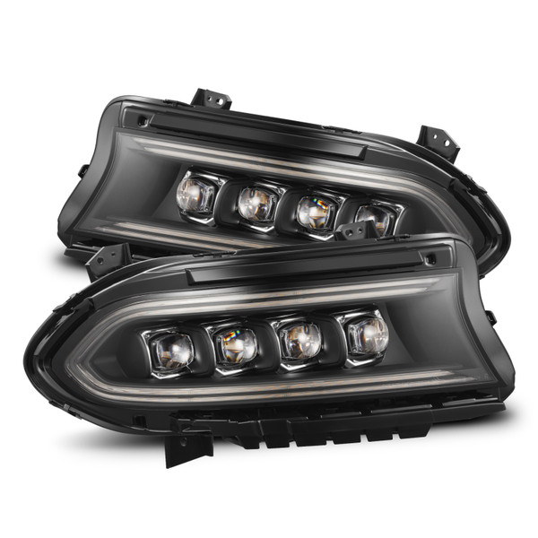 AlphaRex NOVA-Series LED Projector Headlights with black housing and clear lens displayed against a white background.