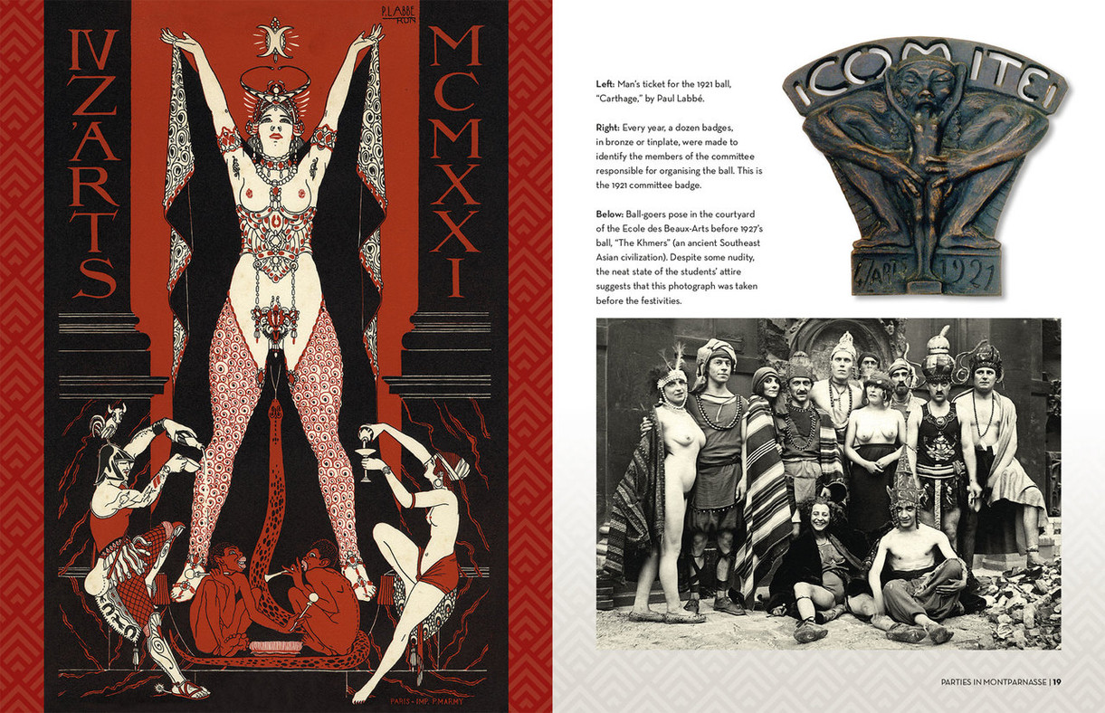 City of Pleasure spread showing an illustrated 1921 Paris ball ticket, a committee badge and costumed revellers.