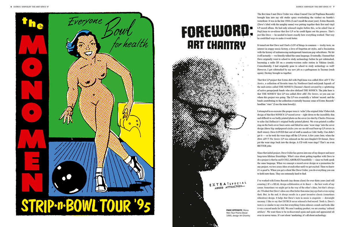 Sample spreads from Estrus Records: Shovelin’ The Shit Since ’87 – Art Chantry